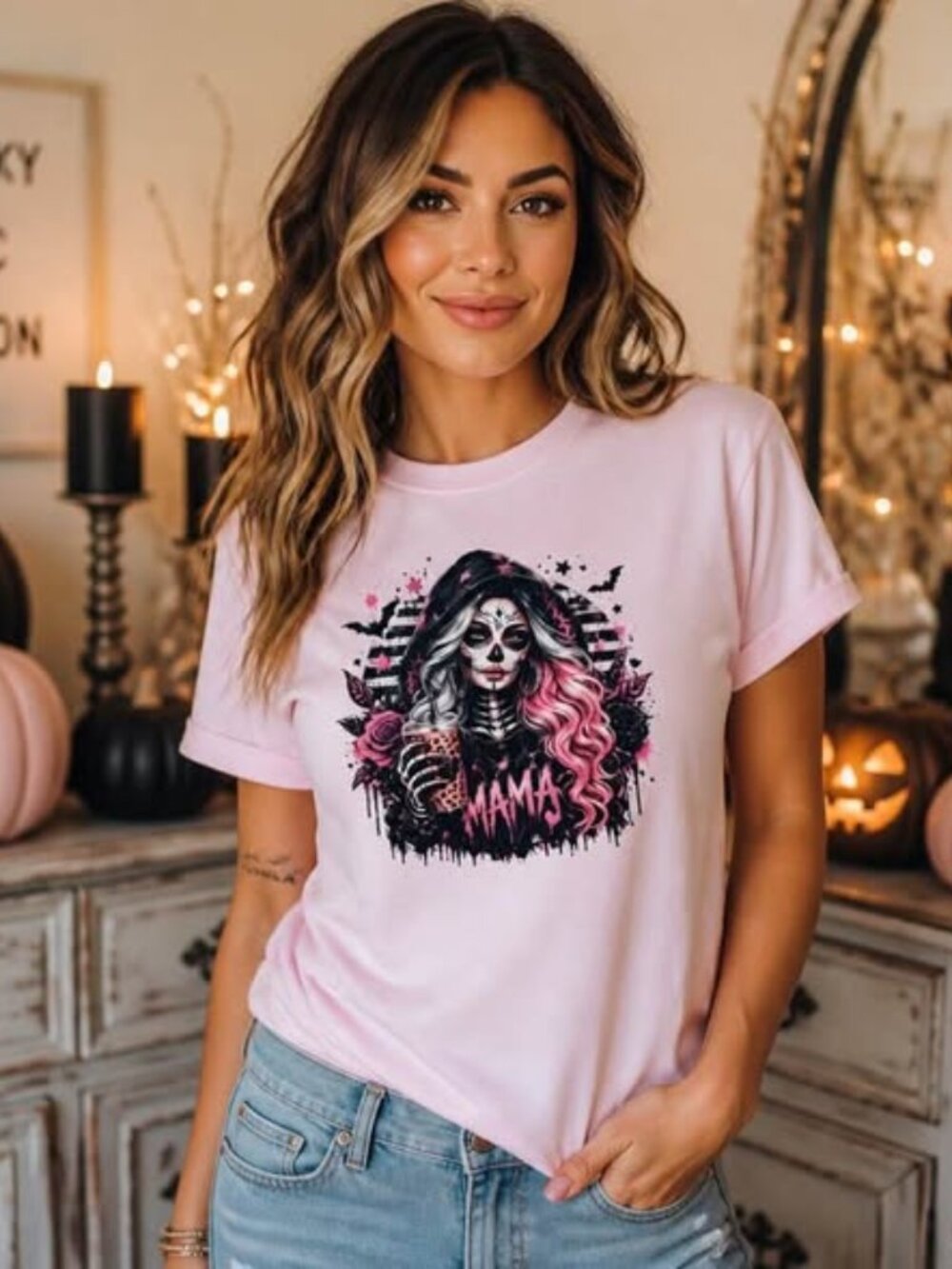 Pink Mama Halloween T-Shirt Sugar Skull Woman Graphic Tee